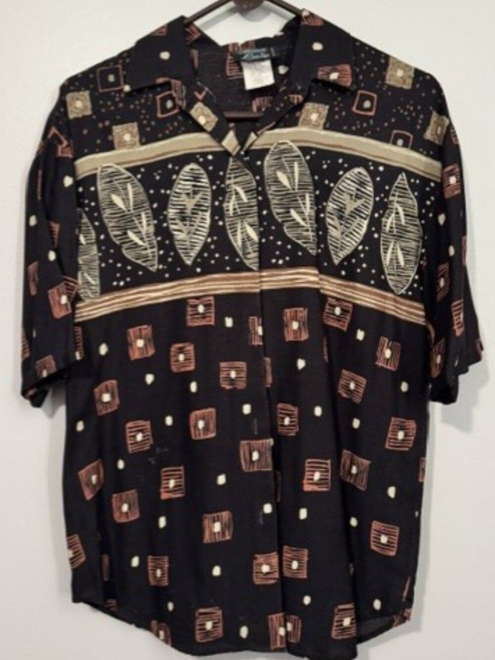 Woman's Michele Leslie Short Sleeve Button Down Shirt Color Black/Brown Sz Med